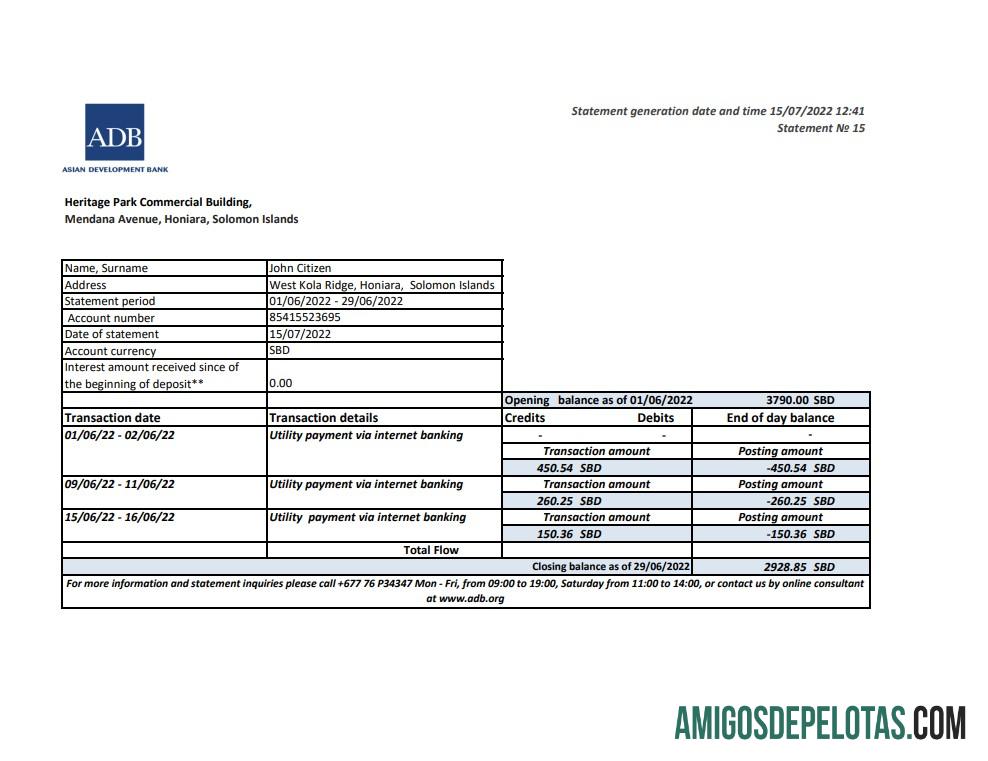 Extrato bancário ADB das Ilhas Salomão para impressão, modelo Excel e PDF